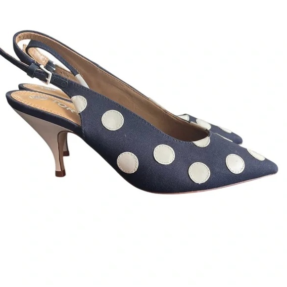 NEW TORY BURCH Navy Blue White Polka Dot Kitten Heel Sling Back Shoes Size 7